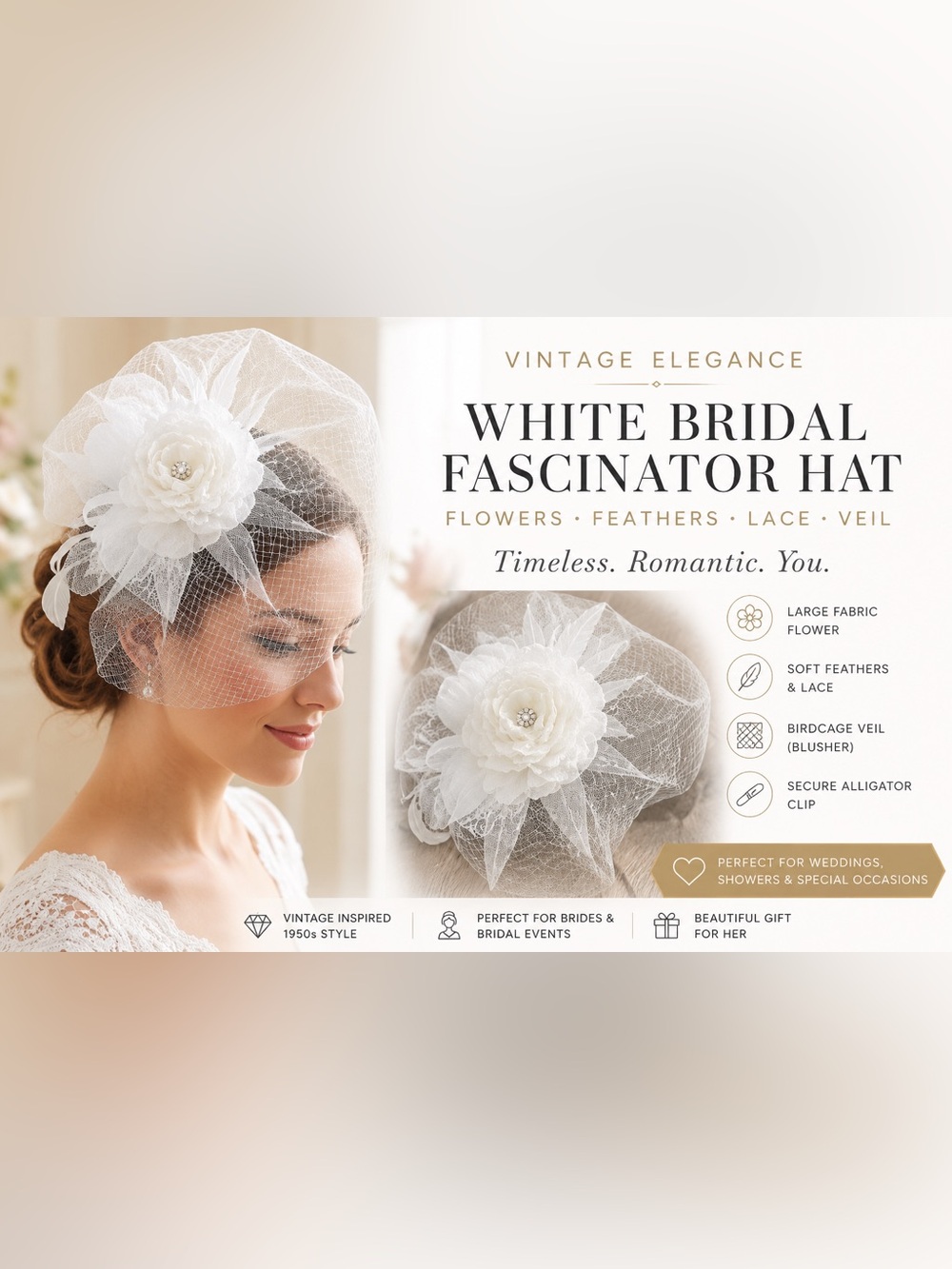 White Bridal Fascinator Hat | Birdcage Veil Flower Feathers & Lace Vintage Style